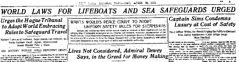 (The headlines say 'World Laws for Lifeboats and Sea Safety Urged', 'Lives Not Considered, Admiral Dewey Says, in Greed For Money Making', and so on